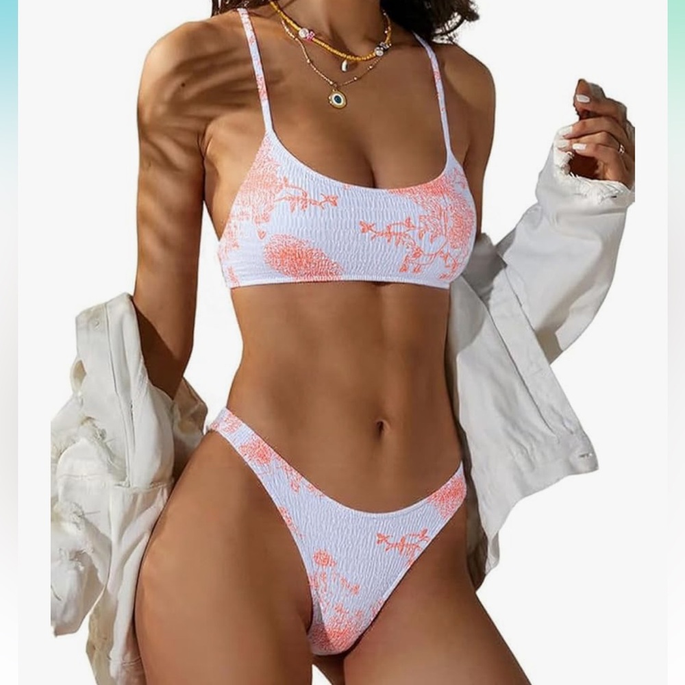 Volafa M NWOT White and Orange Smocked sexy cheeky 2-piece Bikini